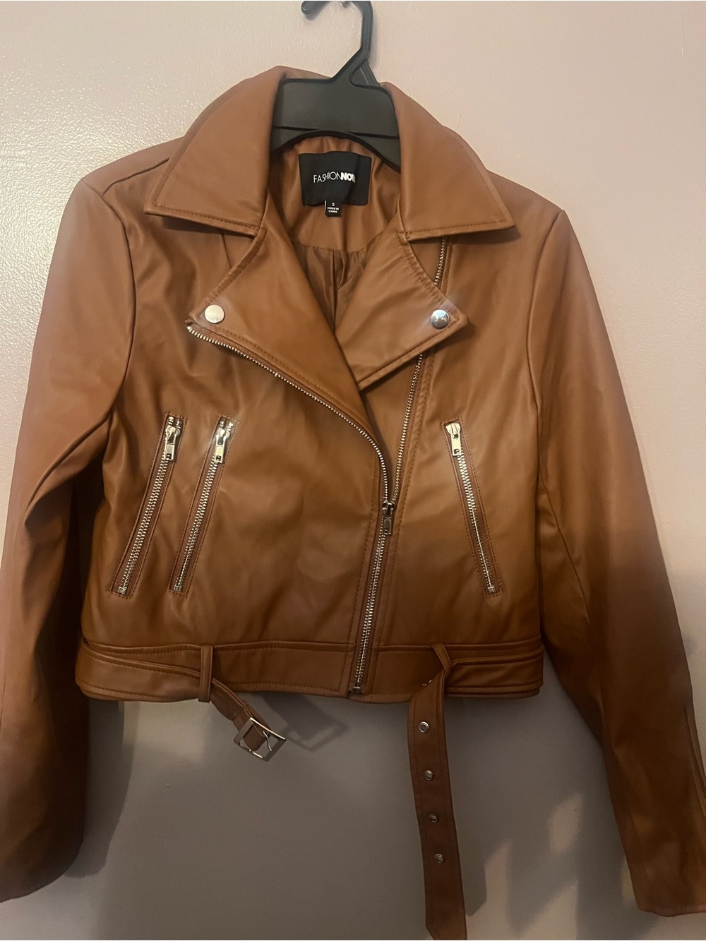 FASHION NOVA Women's Tan Faux Leather Moto Jacket Like New Size S